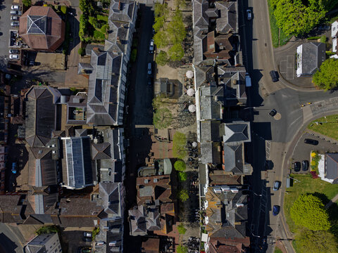 Historic Pantiles at Tunbridge Wells aerial top down view. Vertical view on pattern of old town square. Quiet outdoor sitting under the trees in springtime on a sunny day in Kent.