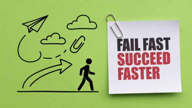 Fail Fast Succeed Faster motivational quote on green background with hand-drawn business icons