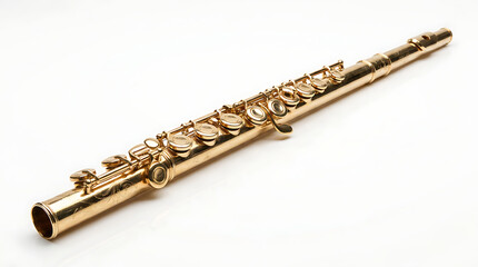 Obraz premium Close-up shot of a golden flute against a plain white background, showcasing its intricate design