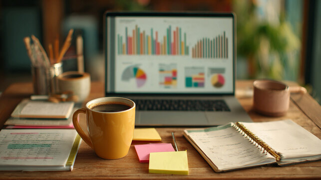 Freelancer reviewing smooth bar charts on laptop with coffee, sticky notes, and planner nearby, symbolizing consistent workflow.