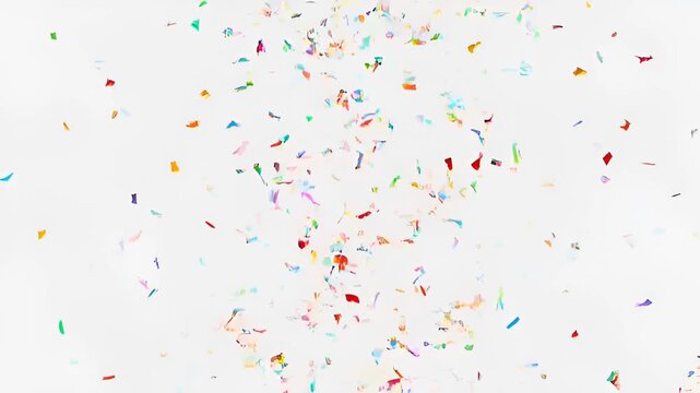 Colorful confetti falling on white background, celebration party streamers. Festive holiday overlay, slow motion video