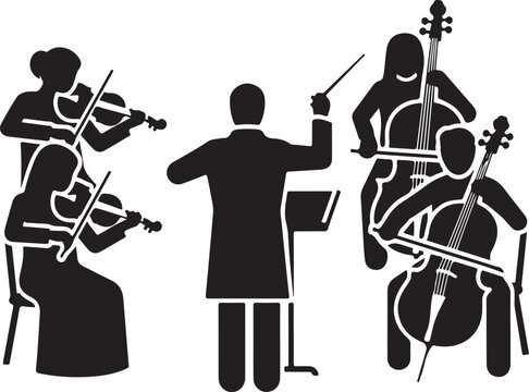 Black silhouette of a classical music ensemble featuring a conductor and musicians playing stringed instruments