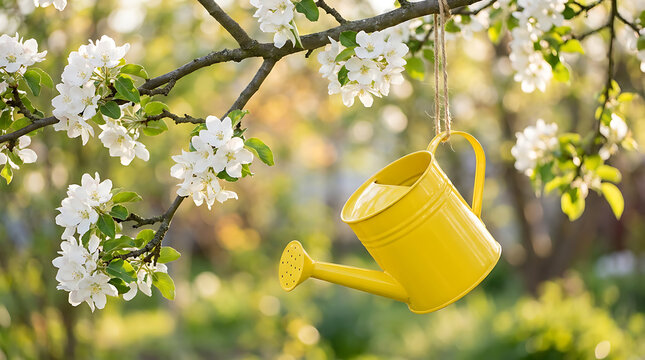 Yellow watering can hanging from a blooming apple tree branch, symbolizing spring gardening and nature's renewal