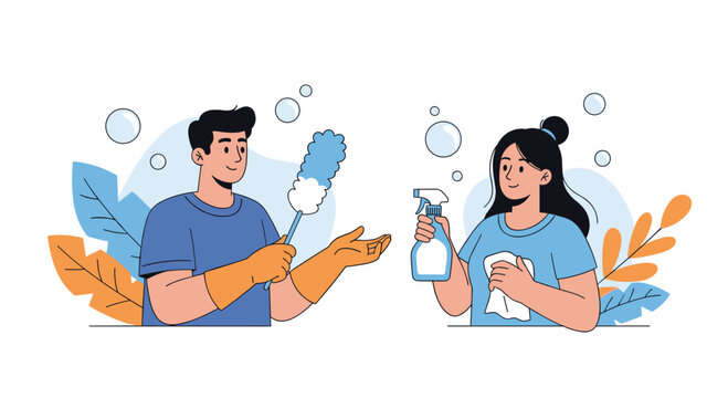 Couple working together to clean their home using a spray bottle and a feather duster while floating soap bubbles add a touch of freshness.