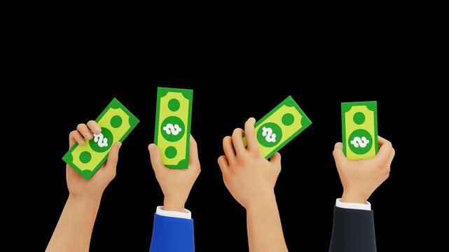 3D Hand Presenting Green Dollar Money Bills | Alpha Channel