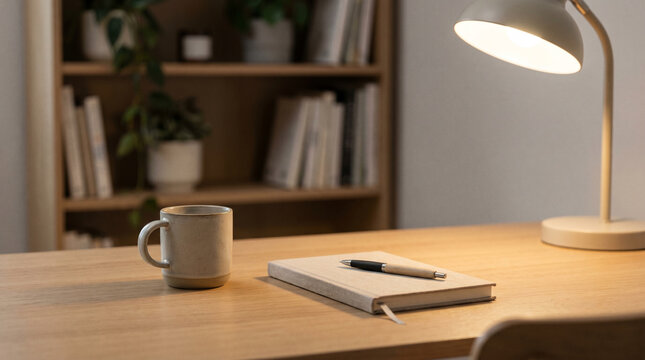 Minimalist wooden desk with mug, notebook, and warm lamp