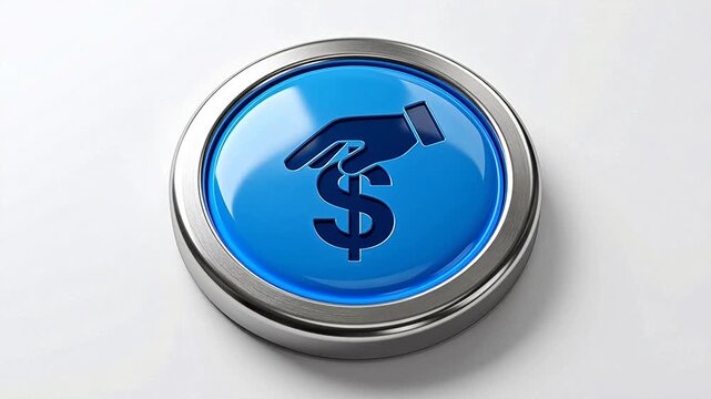 Blue button with hand and dollar sign symbolizing conceptual art and dynamic energy