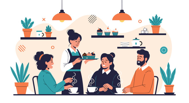 Professional waitress serving a tray of delicious cupcakes to a group of friends enjoying coffee and tea at a cozy modern cafe with green plants.