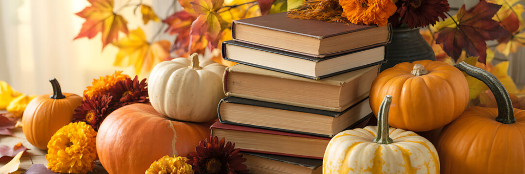 Fall-Themed Study Setup with Books, Pumpkins, and Autumn Flowers