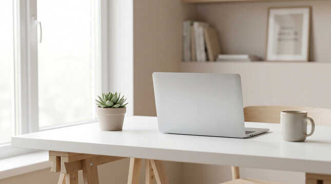 Modern minimalist desk with laptop, succulent, and coffee mug