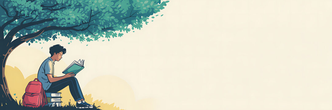 Minimalistic Illustration of a Young Student Reading Under a Tree with Backpack and Books