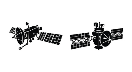 satellite silhouettes with solar panels black on white background © Tanzu