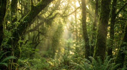 Obraz premium Mystical forest with sun rays illuminating mossy ancient trees