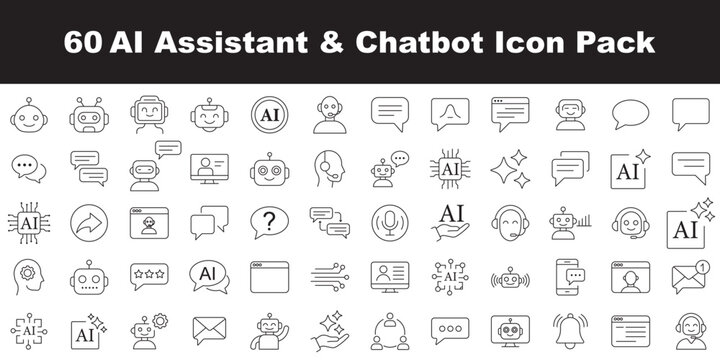 AI assistant and chatbot line icon pack vector, artificial intelligence, automation and virtual support outline symbols collection for app, web, SaaS and technology UI design .