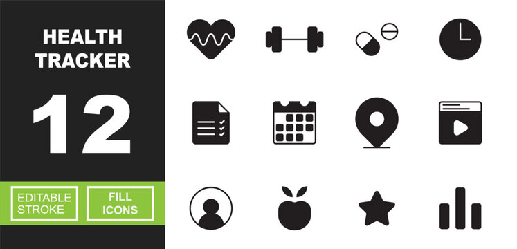 Health tracker fill icon set. Vector pictograms of heart, barbell, medicine, clock, checklist, calendar, location, video, user, apple, star, chart. Editable stroke.