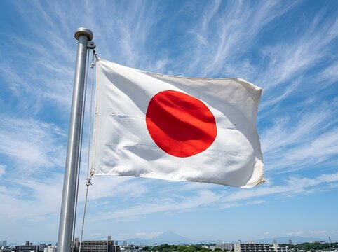 Japanese flag waving national symbol tokyo skyline mount fuji view