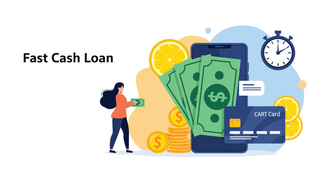 Financial concept of a fast cash loan showing a woman receiving money from a mobile smartphone app with a credit card and clock.