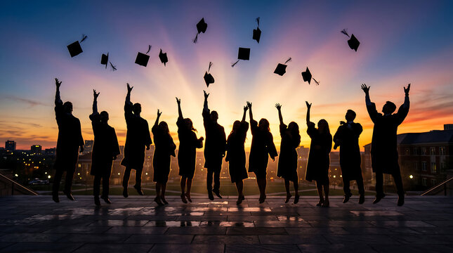 Silhouette of Diverse University Students Throwing Caps in Air at Sunset Graduation
