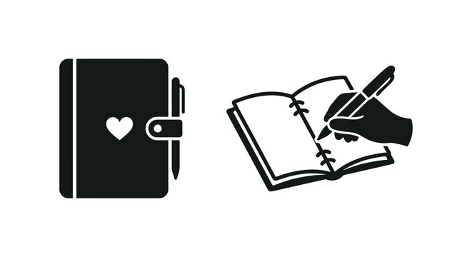 Notebook and hand writing with pen black silhouette icons