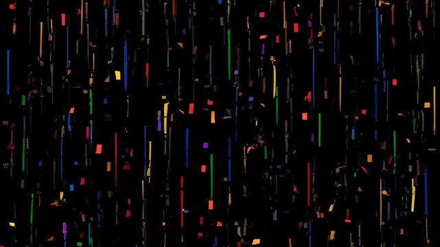 Abstract neon data rain on black background, futuristic digital code animation, colorful vertical light streaks loop