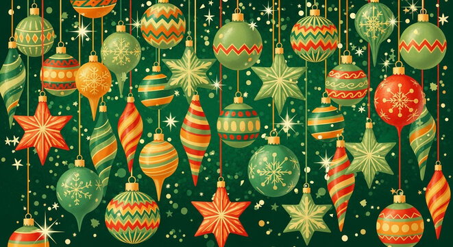 Hanging Christmas ornaments and stars on green background