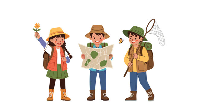 Three curious children dressed as scouts explore the outdoors using a map and a butterfly net on a sunny summer afternoon.
