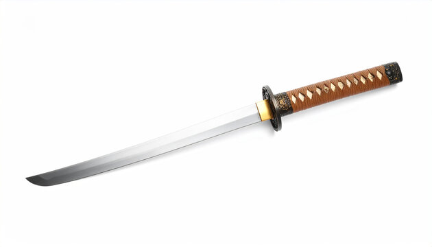 Short Japanese wakizashi sword with detailed brown handle and sharp blade