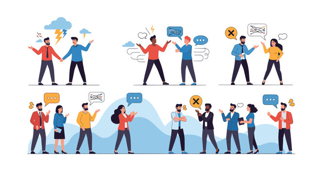 Various scenes depict people engaged in different forms of communication including intense arguments and calm discussions.