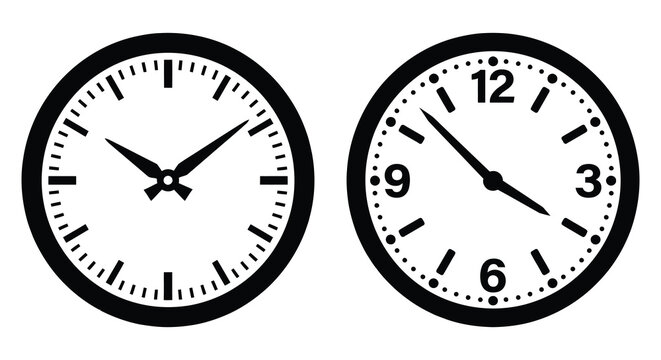 two black analog clocks with white faces isolated on white