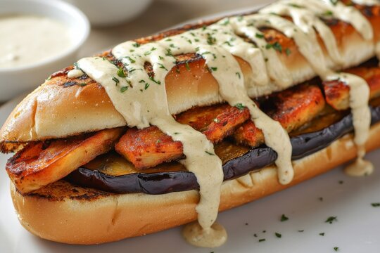 selective focus on fresh sabich served with tahini dressing