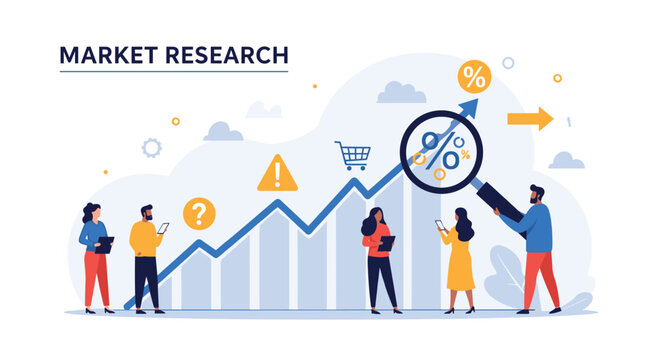 Team of analysts conduct market research by studying a rising line graph through a large magnifying glass for statistics.