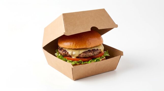 Tasty beef burger with melted cheese in a partially closed craft paper delivery box, isolated on white.