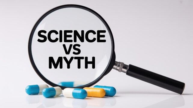 Magnifying glass over capsules with text 'SCIENCE VS MYTH' on white background