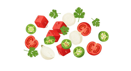 Naklejka premium Fresh Salsa Ingredients Falling in the Air - Diced Tomatoes, Sliced Onions, Jalapenos and Cilantro Leaves on White Background