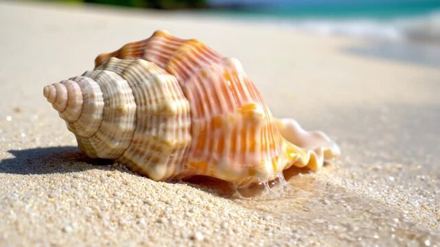 Seashell on Sandy Beach with Ocean Waves - Summer Vacation Tropical Getaway