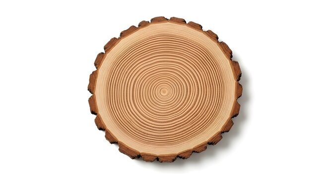 Tree Ring Cross‑Section On White Solid Background, Wooden Log Round Piece Showing Natural Growth Patterns, Useful For Study Of Age And Climate