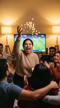 Enthusiastic revelers gathered in a cozy living room, experiencing the elation of an unforgettable sporting event on the television, celebrating in joy.