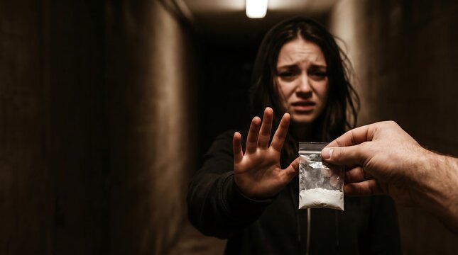 Emotional anti-drug awareness photo showing a woman refusing illegal drugs offered by a dealer in a dark cinematic setting.