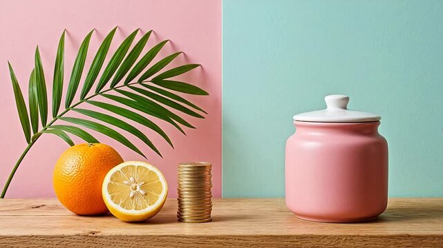Fruits coins and jar on wooden surface symbolizing the limitless potential of digital design