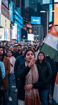A woman, amidst a crowd, passionately waves a national flag in a vibrant cityscape, showcasing unwavering patriotism.