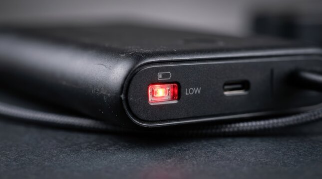 Close-up of a portable power bank with low battery warning light on