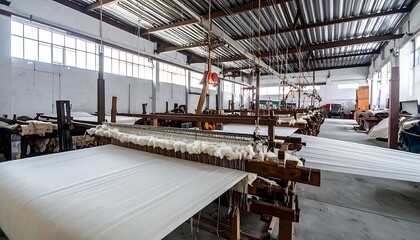 Naklejka premium Industrial textile manufacturing factory interior.