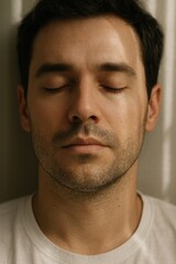 Obraz premium A man with closed eyes resting upright against a pillow, radiating inner peace and calm in soft ambient lighting.