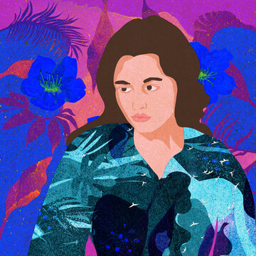 Ilustracja grafika portret kobiety z długimi brązowymi włosami na abstrakcyjnym tle.