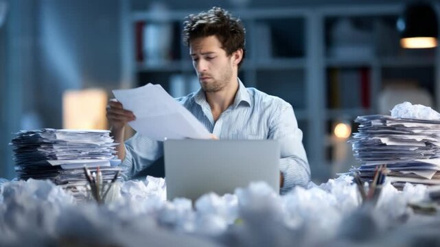 Stressed employee sitting at a messy desk with stacks of documents and throwing crumpled paper