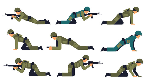 Soldiers in tactical gear performing various combat maneuvers and prone positions with rifles.