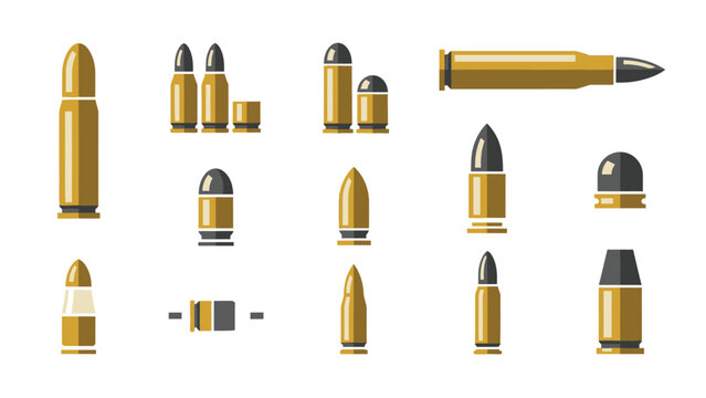Set of various handgun and rifle bullet icons in flat design style.