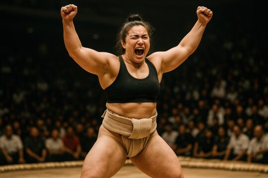 Female sumo wrestler celebrating victory in a traditional arena, showcasing strength and determination, surrounded by an enthusiastic crowd, embodying sportsmanship and cultural heritage.