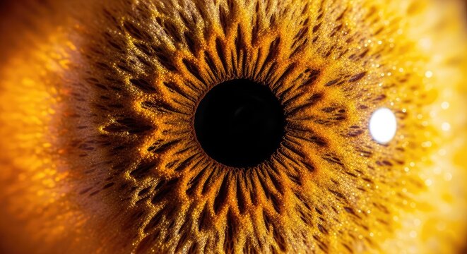 A sharp macro lens captures complex patterns of a golden iris, highlighting the profound intensity of a fixed gaze through light and shadow, texture, nature, magnification