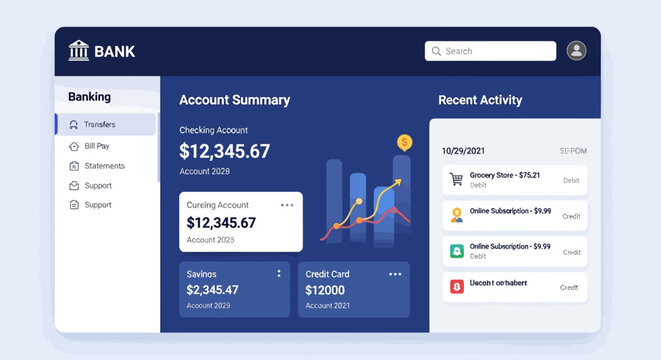 Modern online banking dashboard showing account summary and recent transactions.